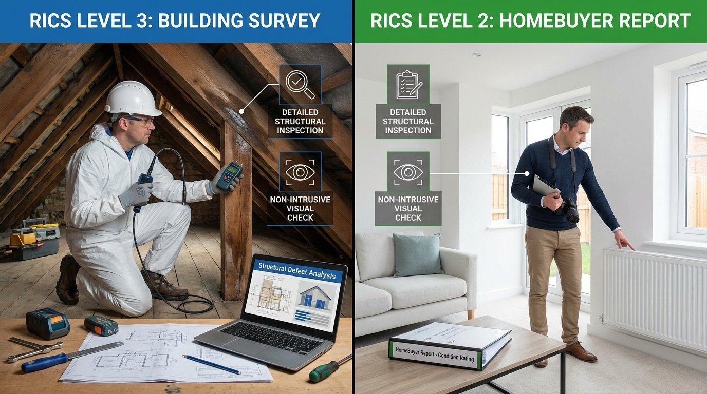 Comparison of RICS Level 2 and Level 3 property surveys by chartered surveyors