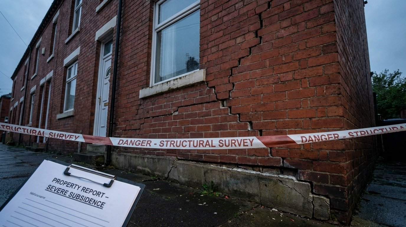 Severe subsidence damage showing diagonal cracks in house brickwork and foundation settlement